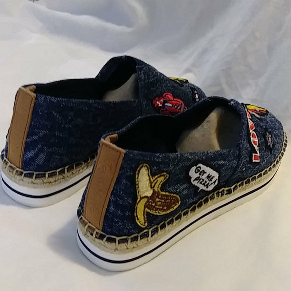 Denim Slip On Espadrille "LOVE" "GET ME A PIZZA" - Picture 7 of 11
